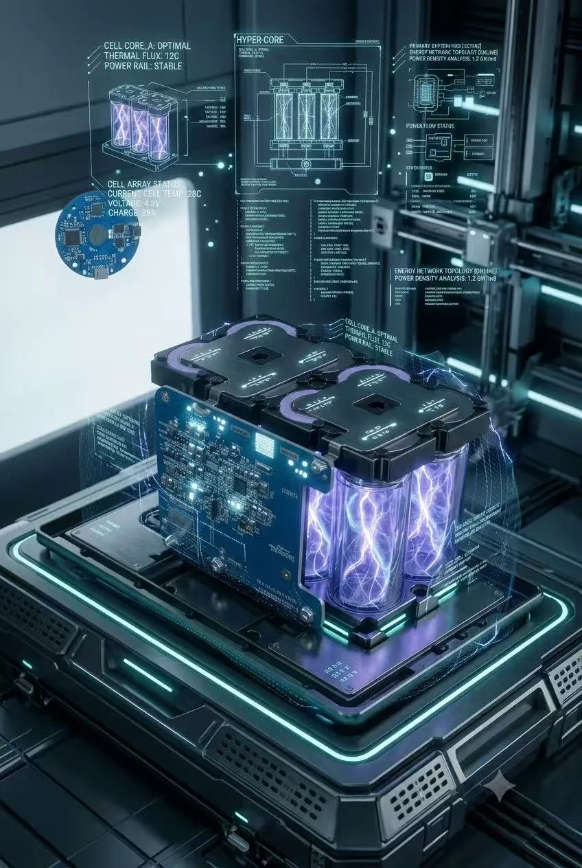 Render of sodium-ion cells inside a battery pack with the BMS board