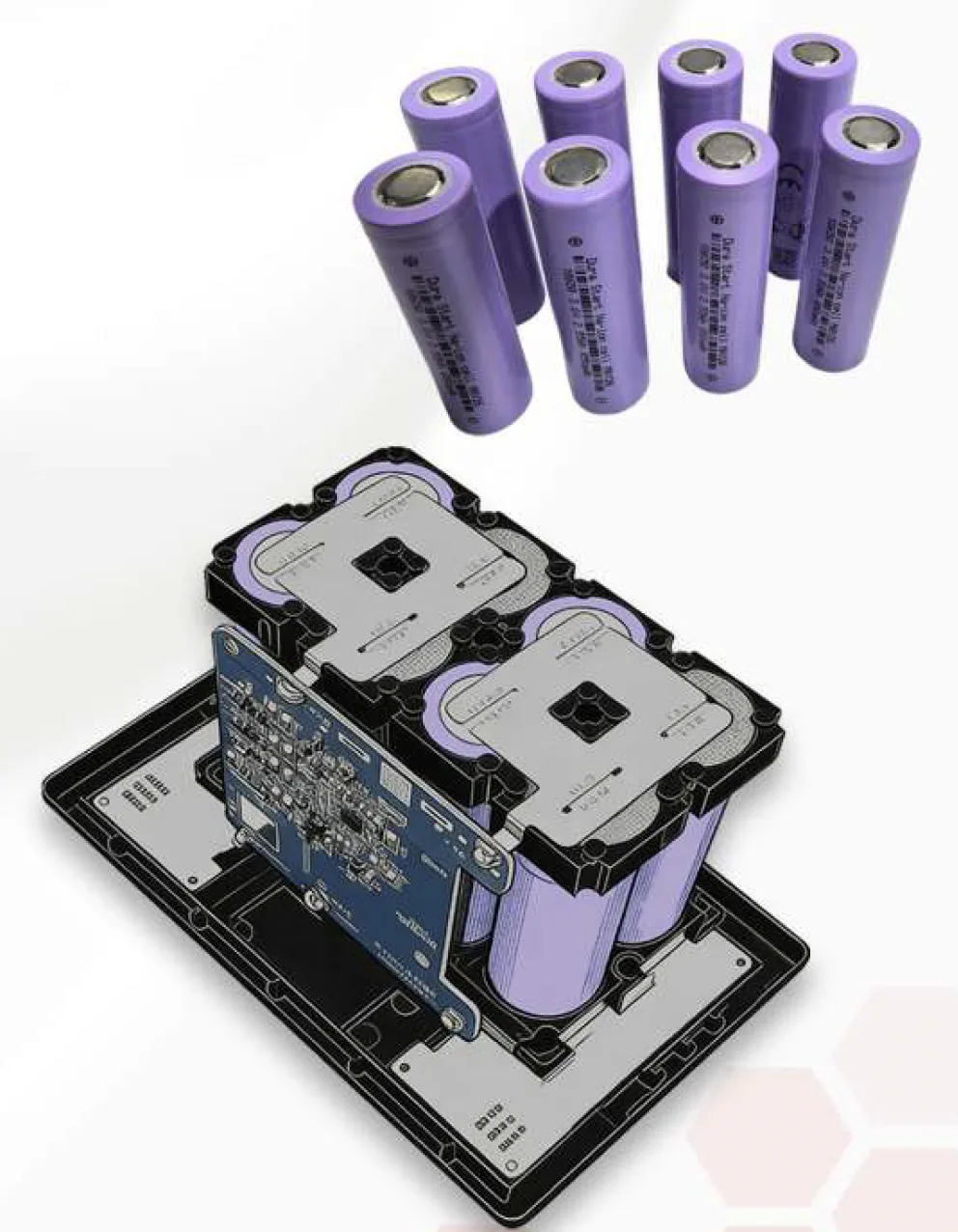 Sodium-ion cells beside an assembled battery pack with its management board