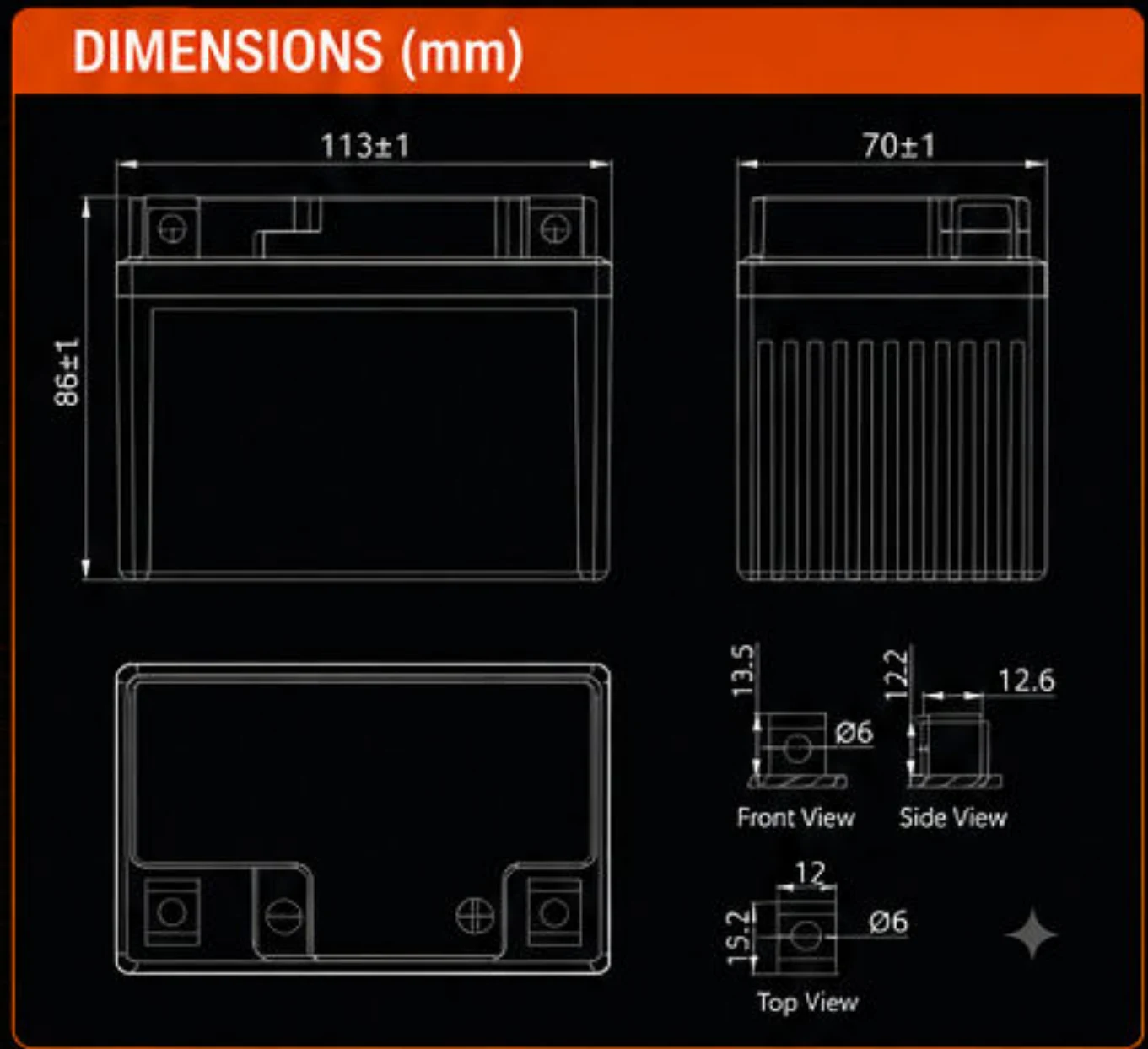 DTZ5S dimension drawings: front, side and top views with terminal details