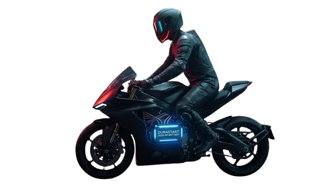 Rider on a sport motorcycle with a glowing battery