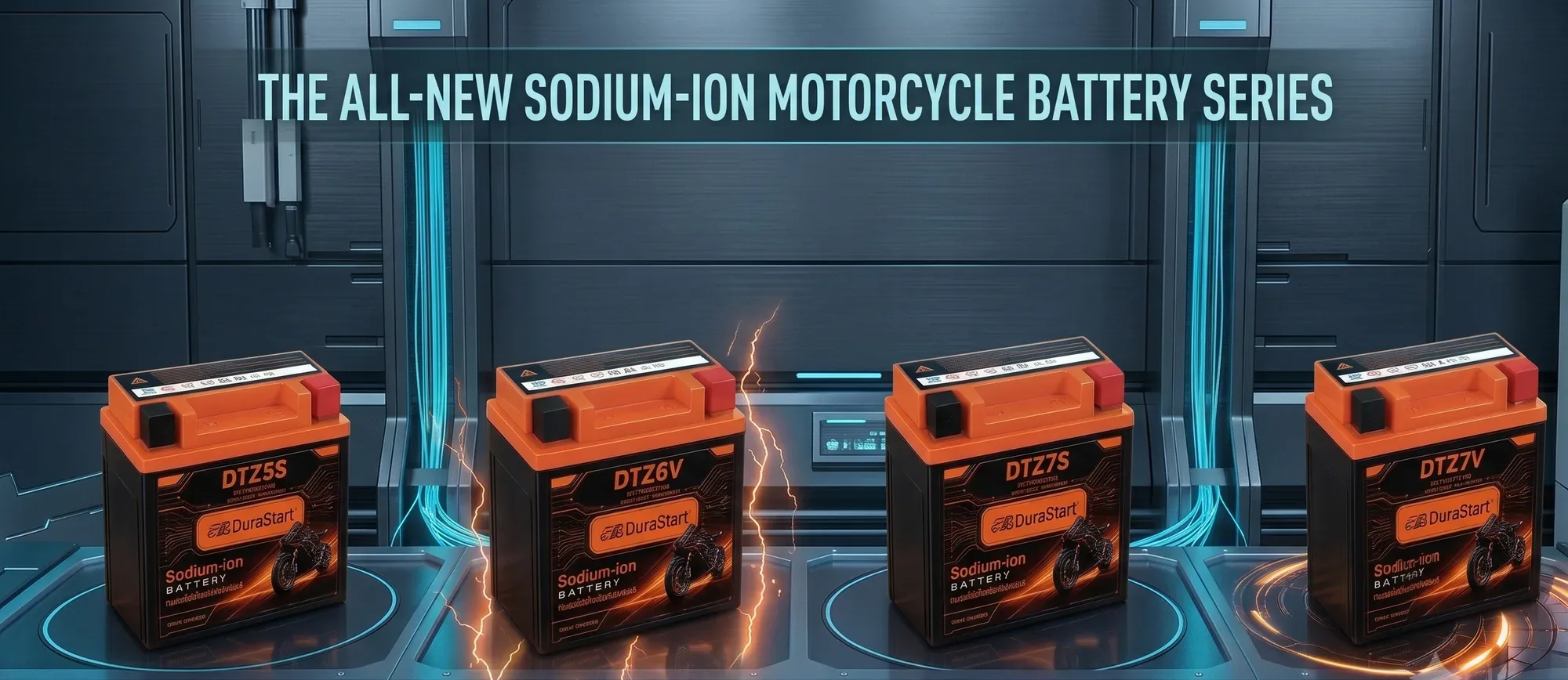 The DuraStart sodium-ion motorcycle battery series on display